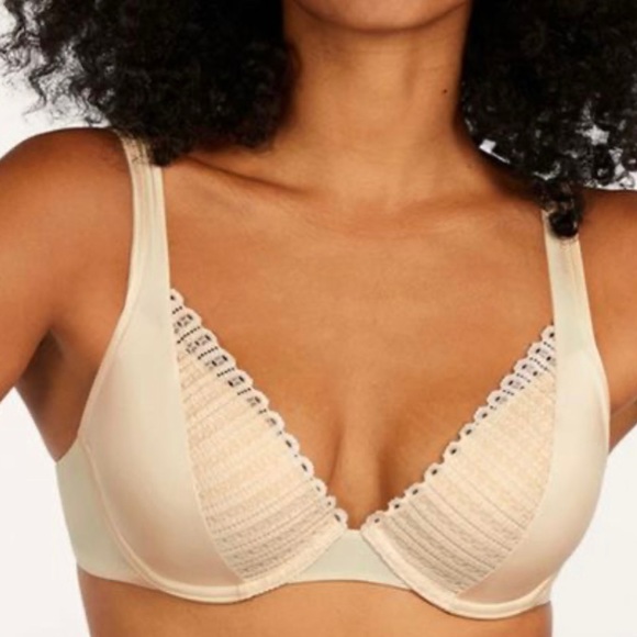 THIRD LOVE Women’s Nude MATTE & SHINE EYELET PLUNGE BRA Size 36A 1/2